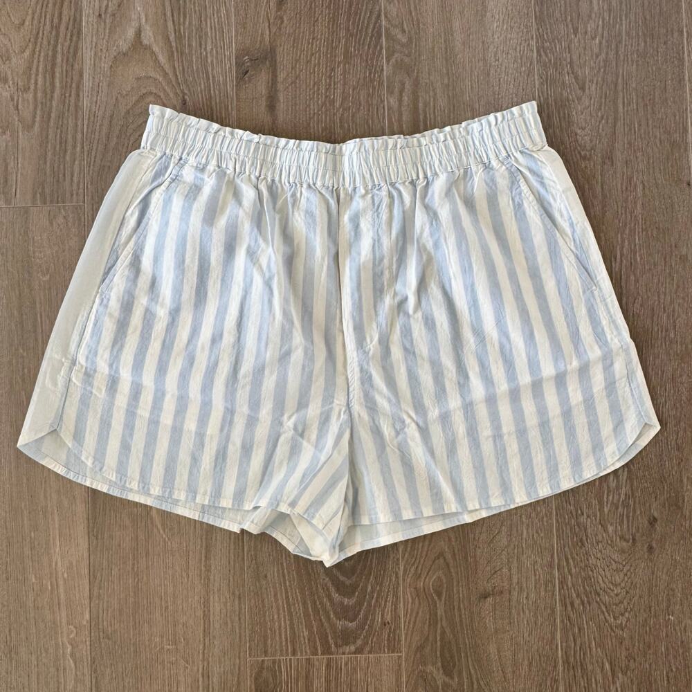 Madewell Pull On Boxer Style Lounge Shorts Blue Stripe Womens Large NEW